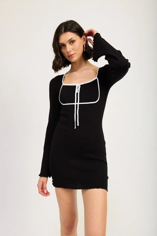 Holiday Sale LETTUCE HEM MINI DRESS WITH FRONT TIE