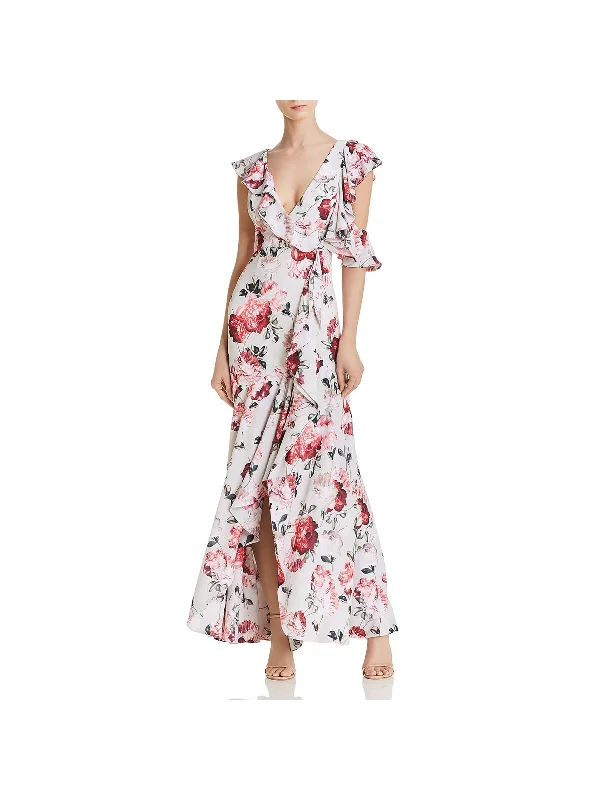 Limited Stock Beckman Womens Floral Print Ruffled Sleeves Evening Dress