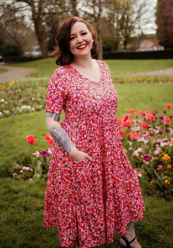 Loyalty Reward Bianca Red Ditsy Print Tiered Hem Midi Dress