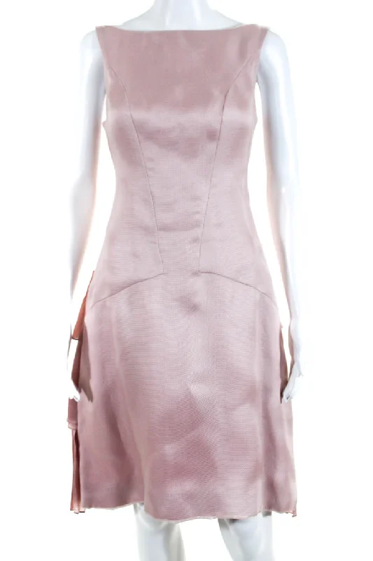 Steals and Deals Rafael Cennamo Womens Boat Neck Hammered Silk Pleated Trim Dress Pink