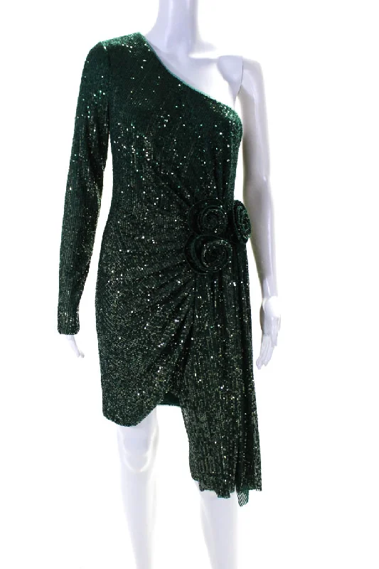 Markdowns Badgley Mischka Womens Long Sleeve One Shoulder Sequin Sheath Dress Green
