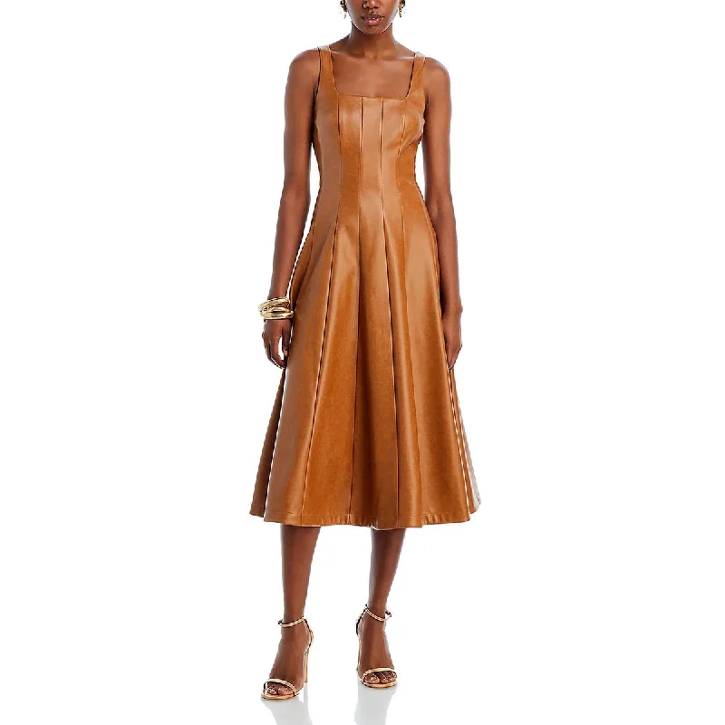 Midnight Madness Womens Faux Leather Seamed Midi Dress