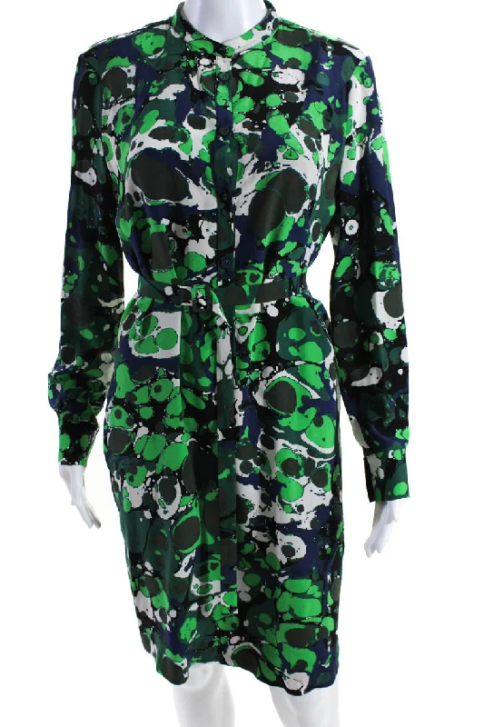 Massive Deals Bottega Veneta Womens Silk Abstract Print Belted Dress Blue Green