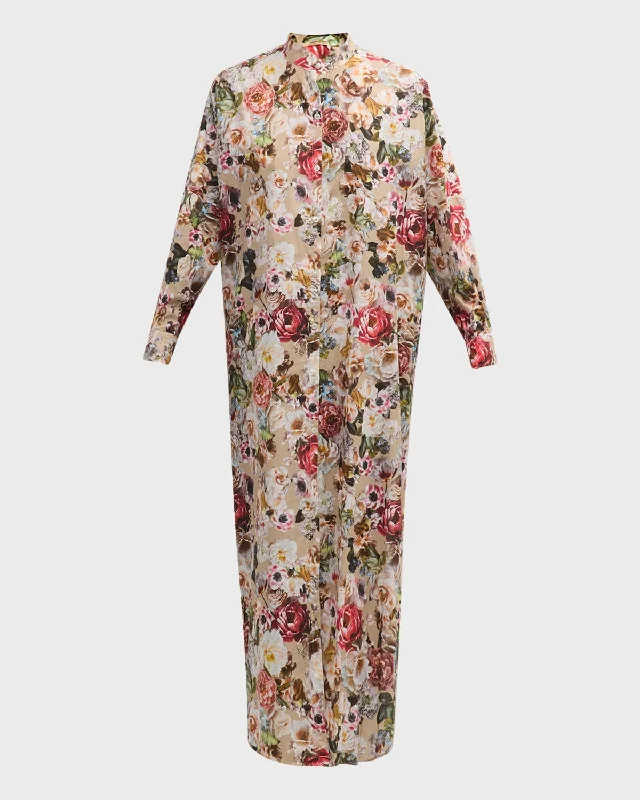 Value Deals Band-Collar Flower-Print Voile Long-Sleeve Maxi Caftan Dress