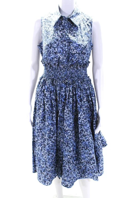 Mega Deal Michael Kors Collection Womens Floral Print Smocked Zip Maxi Dress Blue