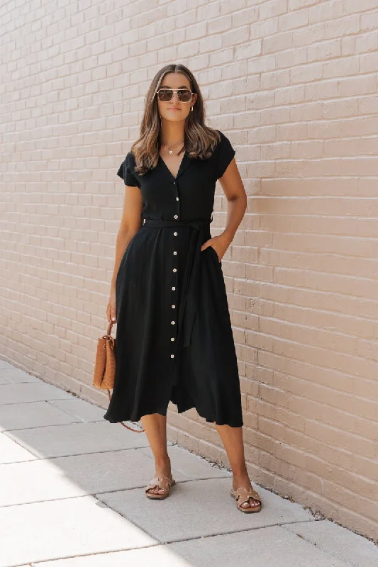 Get It Before It’s Gone Black Button Down Tie Midi Dress
