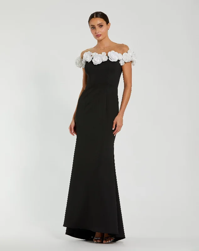 Extra Savings Black and White Stretch Crepe Mermaid Gown With 3D Flowers
