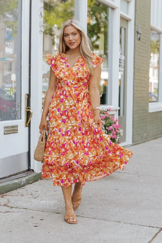 Online Exclusive Paradise Peach Floral Tie Midi Dress - FINAL SALE