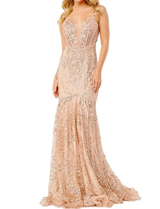YEAR-End Clearance Sheer Corset Bodice Prom Dress In Champ