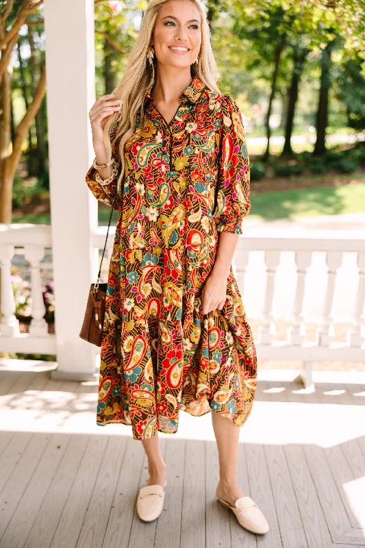 Exclusive Savings Change Your Mind Mocha Brown Paisley Midi Dress