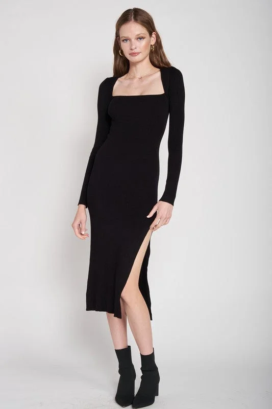Special Savings SQUARE NECK MIDI DRESS WITH SLIT