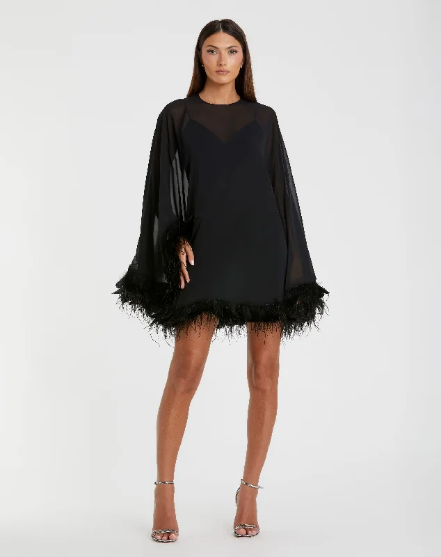 Early Bird Discount Black Trapeze Feather Trim Mini Dress