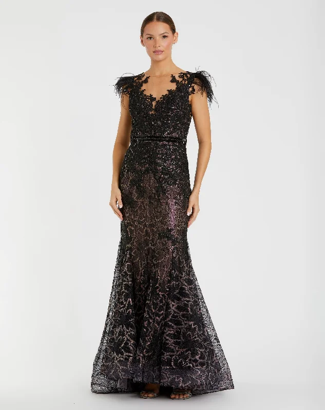 Deep Discounts Black Embellished Feather Cap Sleeve Illusion Neck Trumpet Gown