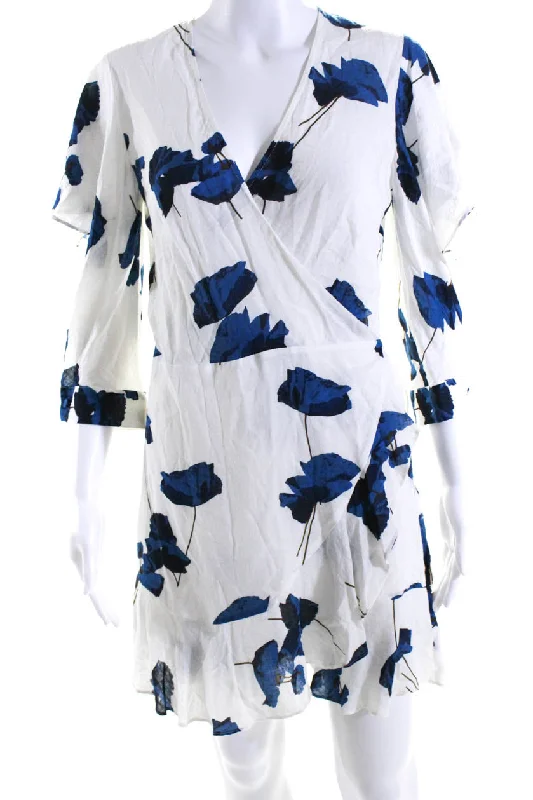 Savings Event Michelle Mason Womens Floral Print Short Sleeves A Line Wrap Dress White Blue