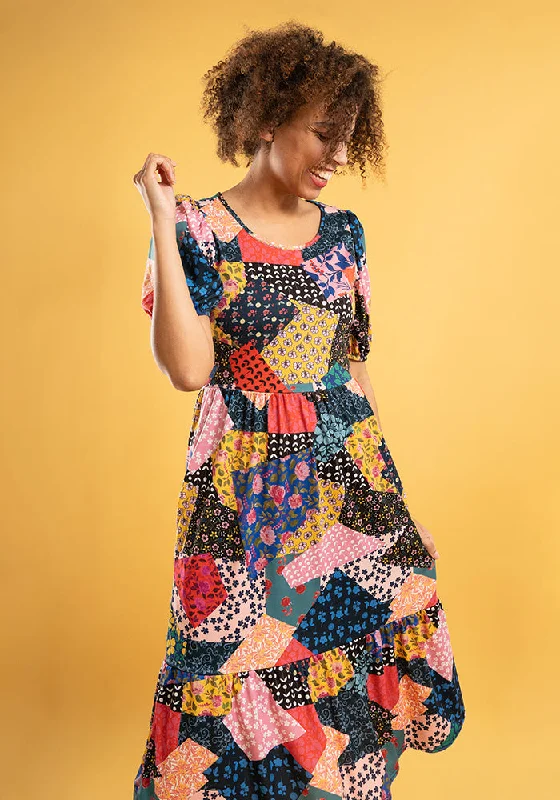 Can't Miss Farrago Ditsy Patchwork Print Tiered Hem Midi Dress
