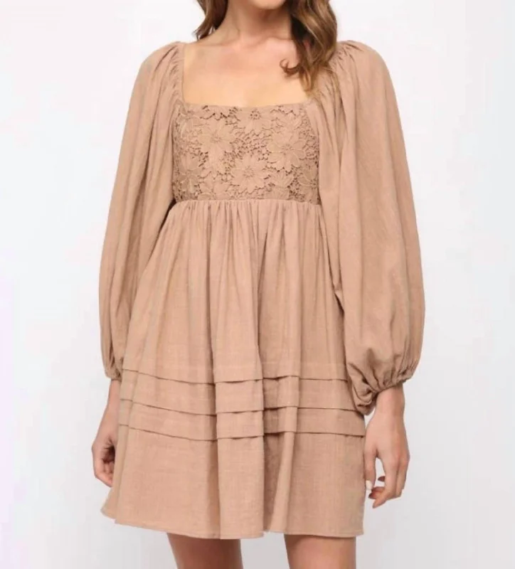 Extra Discounts Lace Puff Sleeve Dress In Light Brown