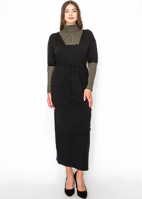 Price Buster Modern Black Dress with Olive Contrast Panels