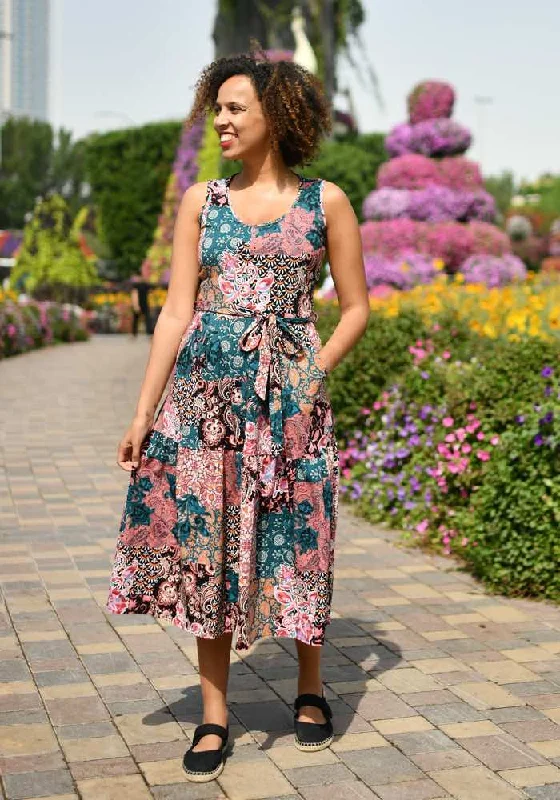 Super Savings Vita Boho Patchwork Sleeveless Tiered Hem Cotton Midi Dress