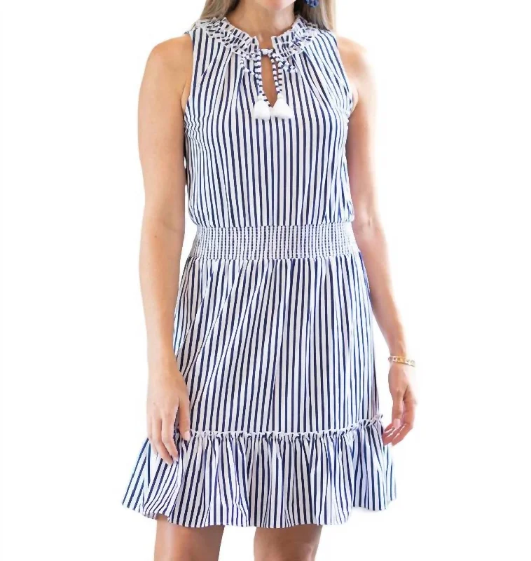 New Arrival Sleeveless Ruffle Dress In Navy Stripe