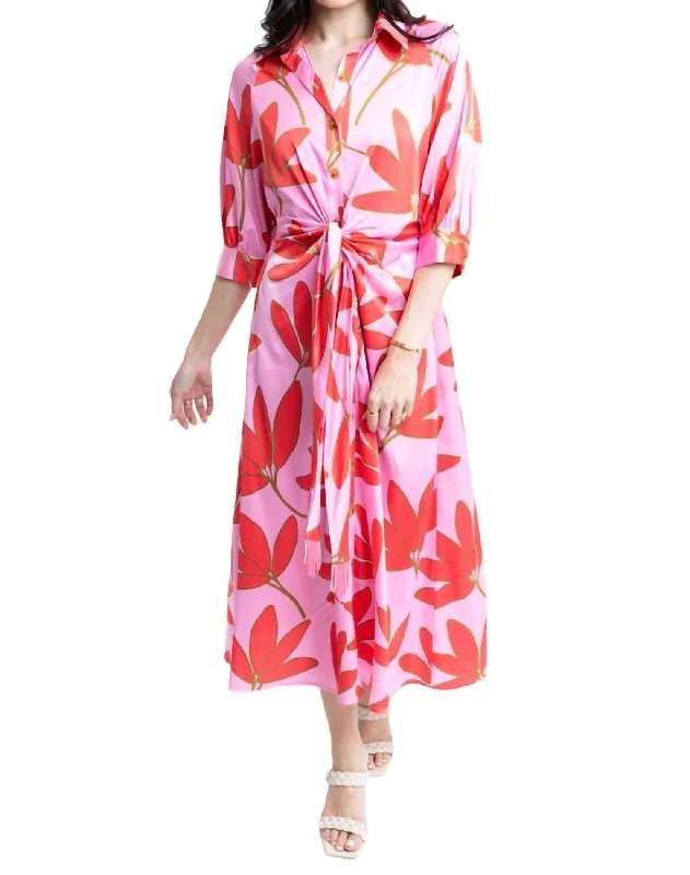 Deal Dash Satin Palm Floral Knot Shirt Dress In Pink/cherry