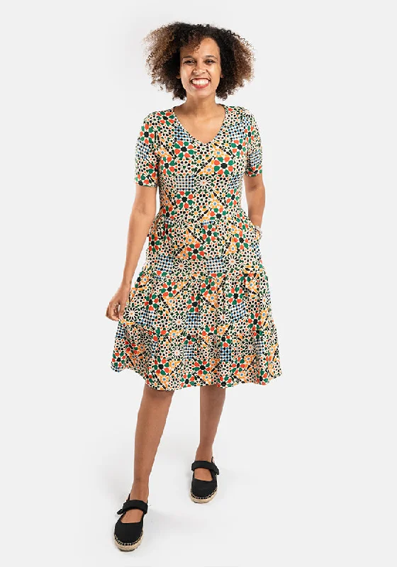 Limited Edition Athena Moroccan Tile Print Tiered Hem Viscose Dress