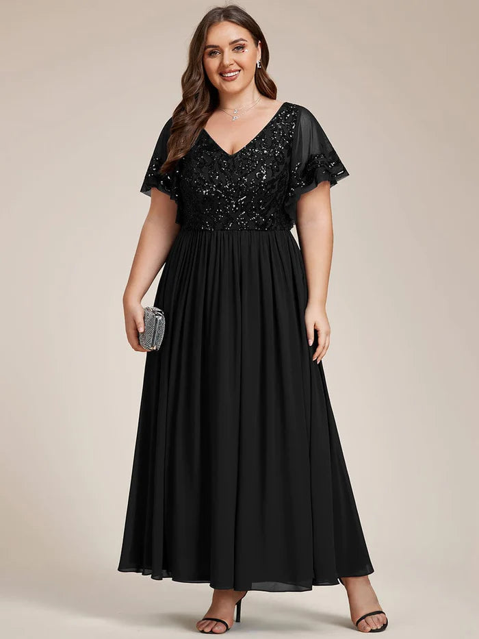 Closeout Plus Size V-Neck Short Sleeve Sequin Bodice Mother of the Bride Dress