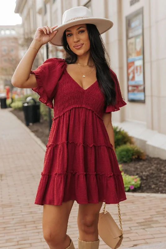 Can't Miss Wine Babydoll Smock Tiered Mini Dress - FINAL SALE