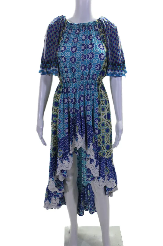 TIME-Limited Offer Rococo Sand Womens Silk Blue Printed Off Shoulder Hi-Low Dress