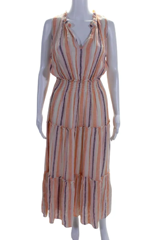 Closeout Rails Womens Loulou Y Neck Striped Midi A Line Dress Papaya