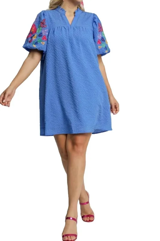Sale Event Embroidered Sleeve Seersucker Short Dress In Ocean