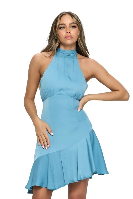 Factory Direct Sale Halter Neck Satin Mini Dress