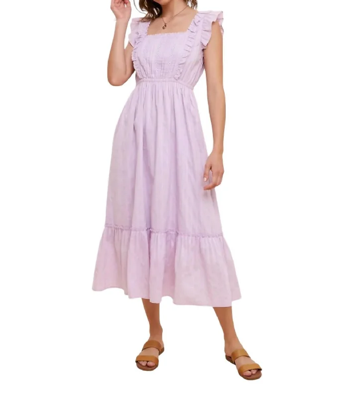 Warehouse Sale Lace Detail And Flutter Sleeves Dress In Lilac