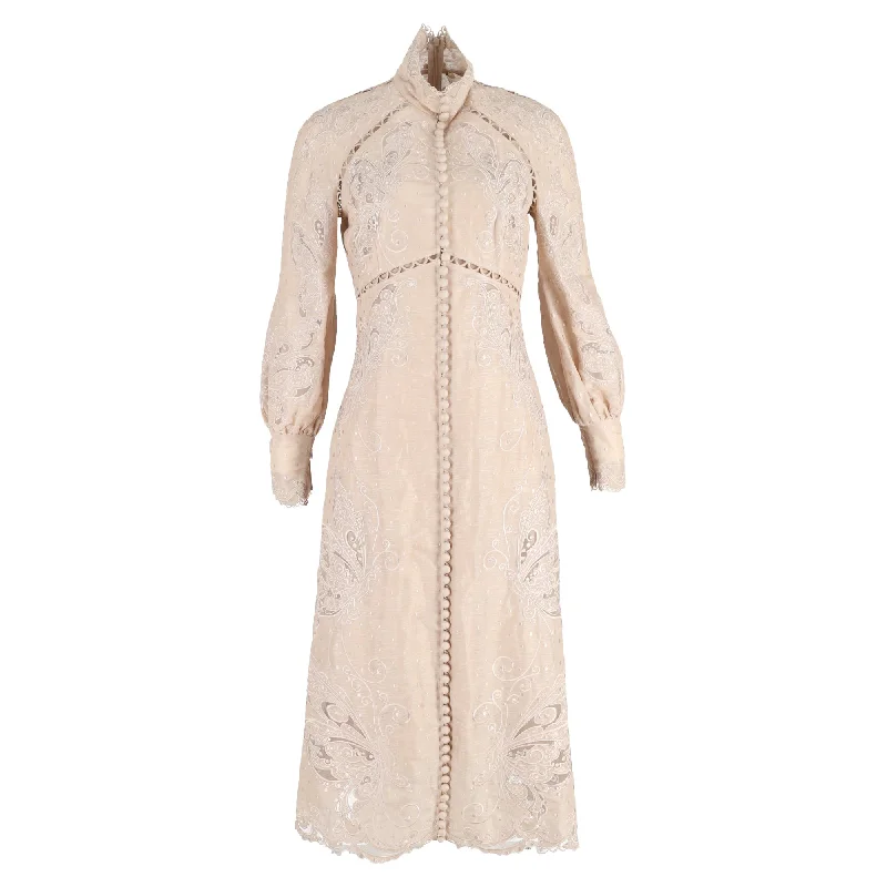 Act Fast Zimmermann Super Eight Embroidered Midi Long Sleeve Dress in Beige Linen