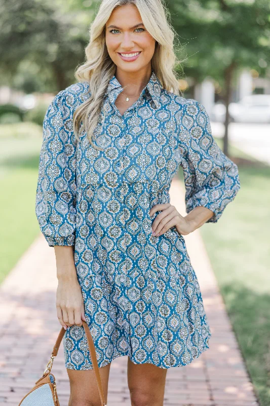 Take Advantage On Your Way Teal Blue Medallion Babydoll Dress