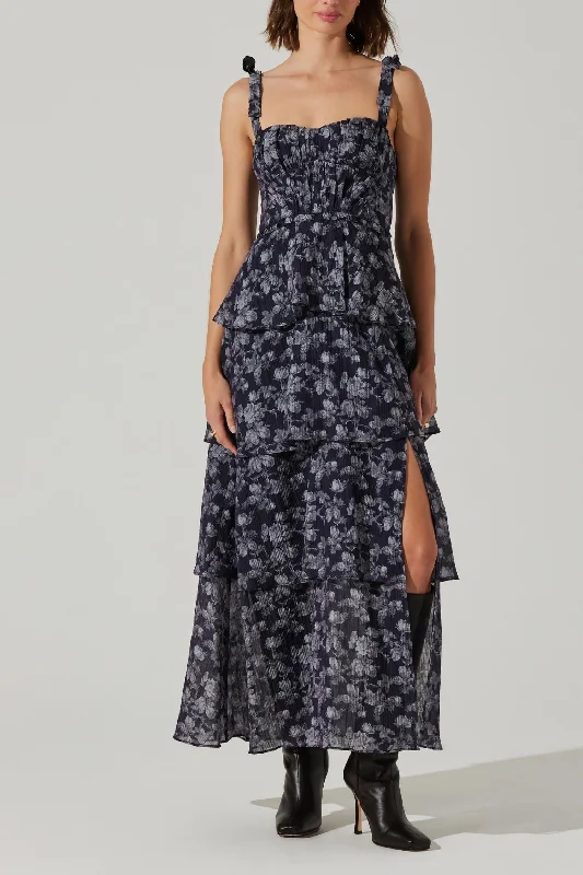 Massive Deals Mellorie Floral Tiered Maxi Dress In Navy Grey Floralcolor