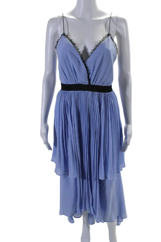 Savings Event Self Portrait Womens Spaghetti Strap Side Zip Long Pleated Dress Blue 6
