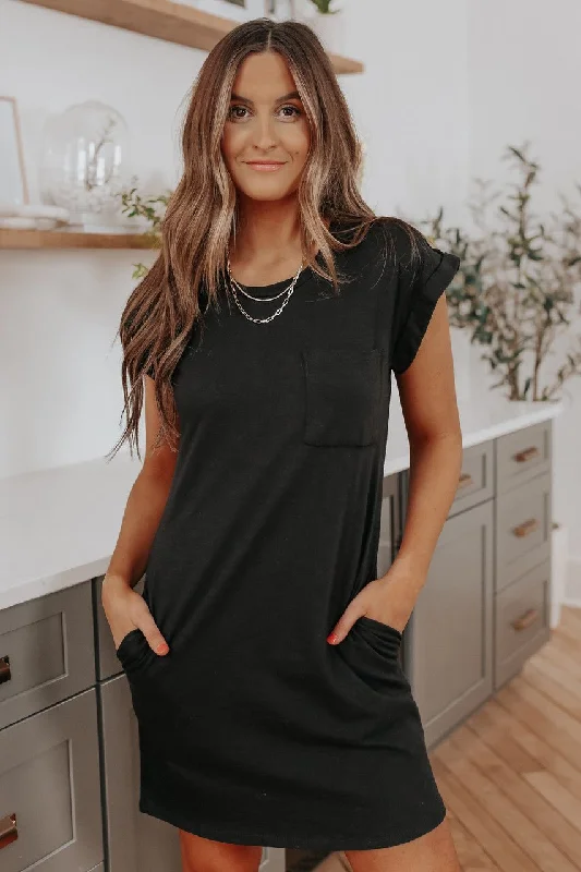 Huge Discounts Cuffed Sleeve Black Pocket T-Shirt Dress - FINAL SALE