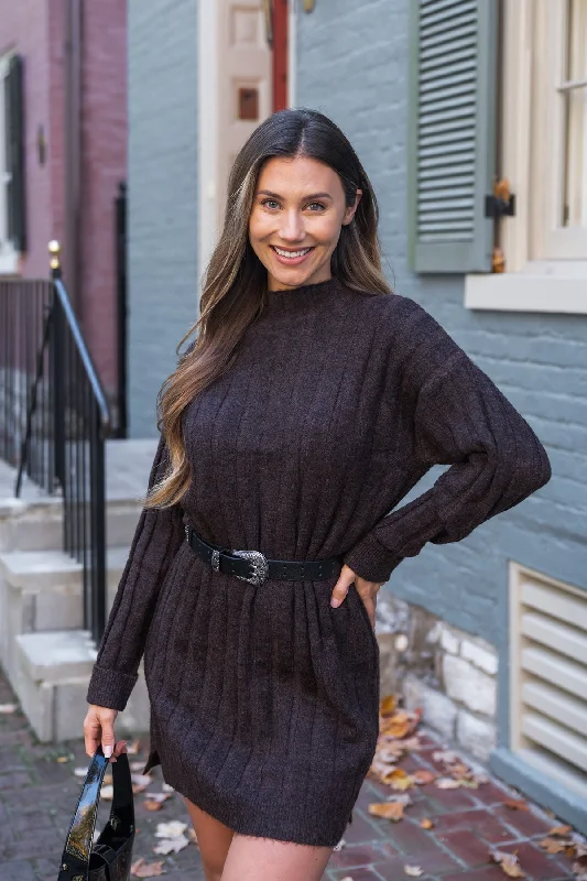 Flash Sale Brown Mock Neck Sweater Dress
