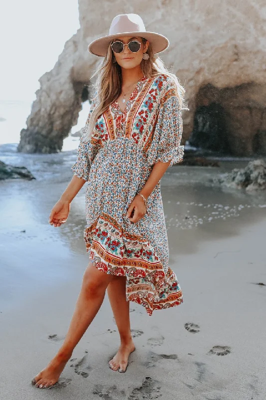 Final Clearance Mediterranean Mixed Floral Border Print Ruffle Hem Maxi Dress - FINAL SALE