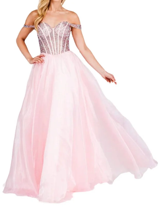 Blowout Deals Beaded Off Shoulder Organza Gown In Pink
