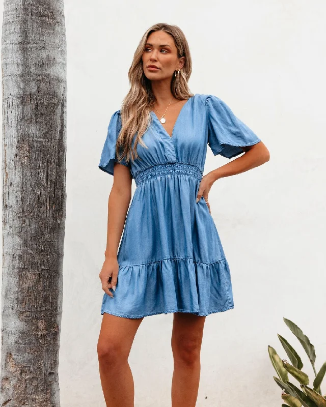 Price Slash Chambray Split Neck Smocked Mini Dress