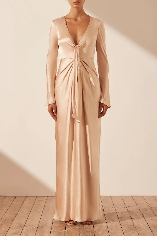 Limited Availability LA LUNE PLUNGED TIE FRONT MAXI DRESS - DESERT ROSE