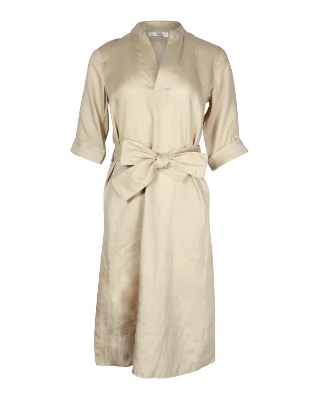 TIME-Limited Offer Vanessa Bruno Quarter Sleeves Belted Tunic Dress in Beige Linen