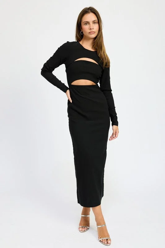 Value Deals LONG SLEEVE CUTOUT MIDI DRESS