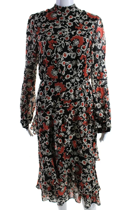 Act Now Saloni Womens Long Sleeve Tiered Ruffled Silk Dress Black Orange White