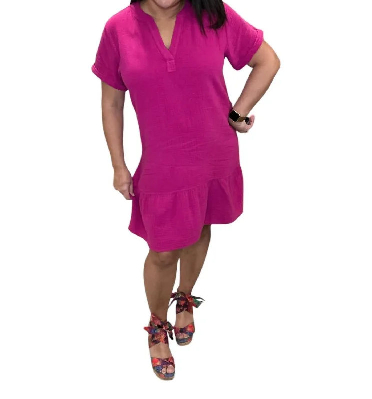 Online Specials Split Neck Ruffle Hem Dress In Fuchsia