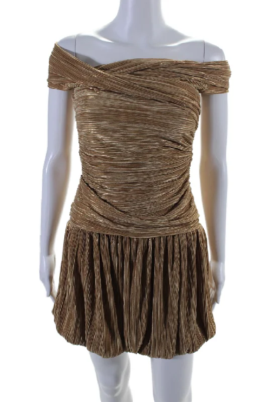 Great Deals Sabina Musayev Womens Ribbed Off the Shoulder Bubble Hem Dress Gold