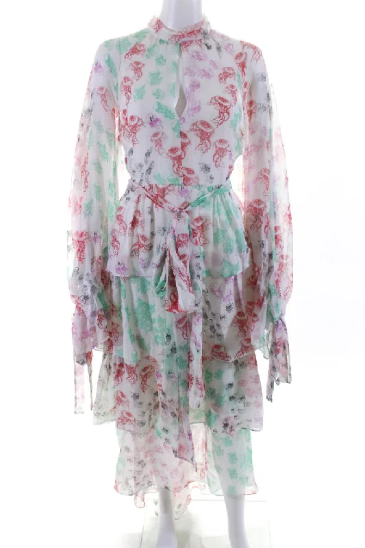 Final Clearance Rochas Womens Silk Floating Jellyfish White Tiered Maxi Dress
