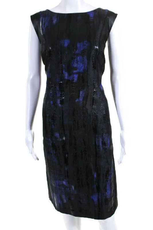 Savings Alert Lafayette 148 New York Womens Black Blue Printed Sleeveless Bodycon Dress