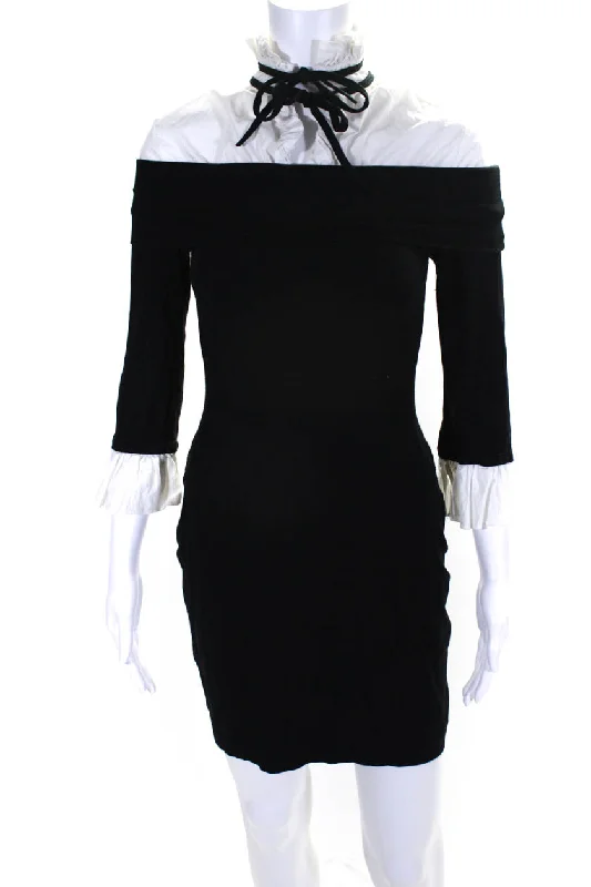New Markdowns Rochas Womens Long Sleeve Layered Ruffle Trim High Neck Shift Dress Black